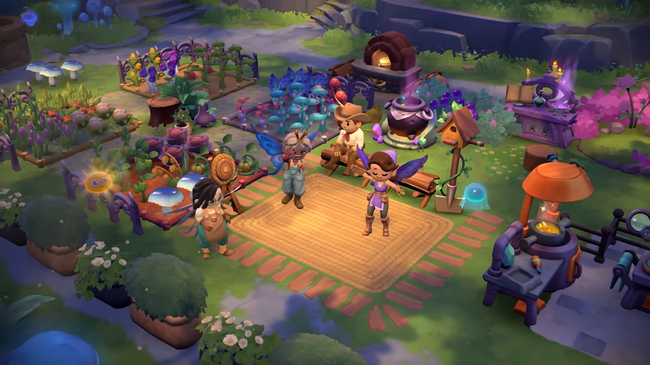 A Fae Farm screenshot showing multiple fairy characters tending to a farm
